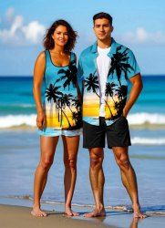 Matching Hawaii Shirt and Romper Plus Size Beach Outfit Coconut Tree Sea Ombre Sunset Print For Couples -  