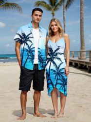 Tenue de plage hawaïenne assortie grande taille à imprimé oiseaux de mer et cocotiers, colorblock, pour couples - Bleu clair 