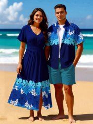 Tenue de plage hawaïenne assortie grande taille à imprimé feuilles tropicales et fleurs d'hibiscus pour couples - Bleu 