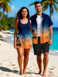 Ensemble chemise et barboteuse hawaïennes assorties, tenue de plage grande taille, imprimé cocotiers, bus, dégradé de couleurs, pour couples - Bleu profond 