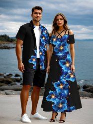 Tenue de plage hawaïenne assortie grande taille, motif fleurs et paillettes, imprimé 3D, pour couples - Noir 