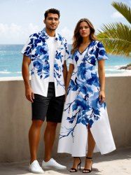 Tenue de plage hawaïenne assortie grande taille à imprimé aquarelle fleurs et feuilles pour couples - Bleu 