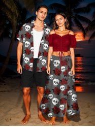 Tenue assortie grande taille à imprimé tête de mort et rose pour couple - Rouge Vineux 