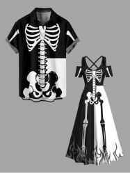 Halloween Two Tone Skeleton Fire Flame Print Plus Size Matching Outfit For Couples -  