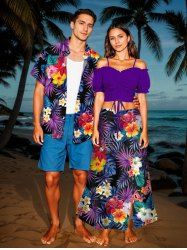 Tropical Leaf Hibiscus Flower Print Plus Size Matching Hawaii Beach Outfit For Couples -  