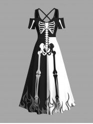Plus Size Two Tone Skeleton Fire Flame Print Halloween Cold Shoulder Crisscross A Line Maxi Dress -  