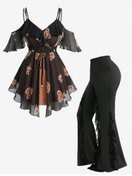 Sunflowers Print Ruffles Cover Cold Shoulder Blouse and Spider Web Flocking Lettuce Flare Pants Plus Size Outfit -  