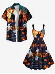 Tenue d'Halloween grande taille assortie pour couples, motif citrouille, fantôme, lune, chauve-souris, arbre - Orange 