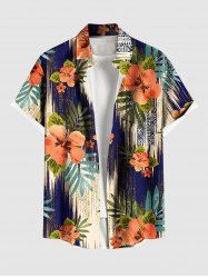 Chemise hawaïenne à boutons et poches pour homme, grande taille, imprimé ethnique, feuilles tropicales, hibiscus et fleurs - café lumière XL