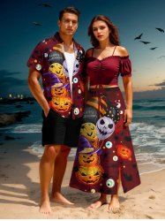 Tenue d'Halloween grande taille assortie pour couples, motif citrouille, crâne, yeux ballons, imprimé chauve-souris - Rouge foncé 