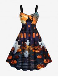 Plus Size Halloween Pumpkin Ghost Moon Bat Tree Print Tank Dress -  