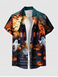 Plus Size Halloween Pumpkin Ghost Moon Bat Tree Print Buttons Pocket Shirt For Men -  
