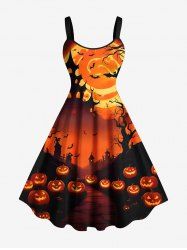 Plus Size Halloween Pumpkin Lantern Moon Bat Trees Print Tank Dress -  