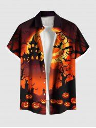Plus Size Halloween Pumpkin Lantern Moon Bat Trees Print Buttons Pocket Shirt For Men -  