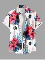 Chemise hawaïenne grande taille à imprimé géométrique, fleurs d'hibiscus, feuilles tropicales, boutons et poches pour homme - Blanc 2XL