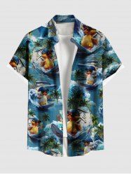 Plus Size Coconut Tree Sea Waves Surfing Ducks Ship Print Buttons Pocket Hawaii Shirt For Men -  