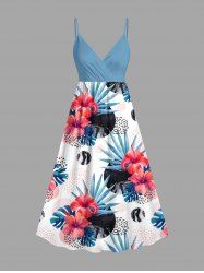 Plus Size Hibiscus Flowers Tropical Leaf Geometrical Circle Print Surplice Hawaii Cami Dress -  
