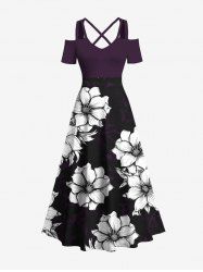Plus Size Flowers Print Cold Shoulder Crisscross Hawaii Maxi Dress -  
