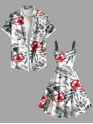 Tenue de plage hawaïenne assortie grande taille à imprimé feuilles tropicales et fleurs d'hibiscus pour couples - Blanc 