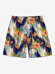 Short de plage hawaïen grande taille à imprimé feuilles tropicales, hibiscus, fleurs et vagues avec cordon de serrage et poches - Bleu 5XL