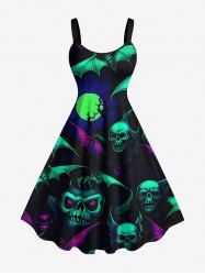 Robe trapèze grande taille à imprimé tête de mort, chauve-souris et lune pour Halloween - Noir 3X