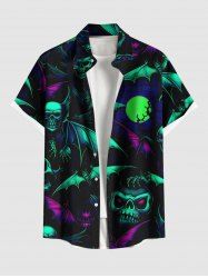 Chemise grande taille à imprimé tête de mort, chauve-souris et lune pour homme, avec poches boutonnées pour Halloween - Noir 3XL