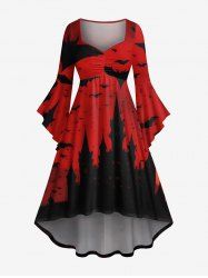 Plus Size Ombre Bat Castle Print Halloween Ruched High Low Asymmetric Dress -  