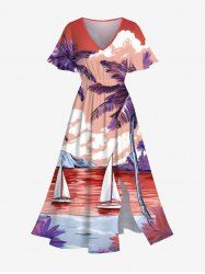 Plus Size Coconut Tree Sea Sailboat Mountain Cloud Print Hawaii Split Pocket A Line Midi Dress -  