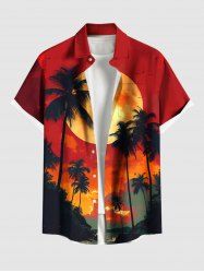 Plus Size Coconut Tree Ombre Sunset Moon Print Hawaii Button Pocket Shirt For Men -  