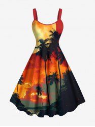 Robe débardeur grande taille à imprimé cocotiers, coucher de soleil et lune, coupe trapèze hawaïenne - Orange 4X
