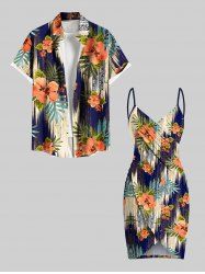 Tenue de plage hawaïenne assortie grande taille à imprimé ethnique, motif feuilles tropicales et fleurs d'hibiscus, pour couples - Bleu 