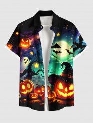 Chemise grande taille à imprimé citrouille, lanterne, arbre fantôme, chauve-souris, lune, galaxie, Halloween, bouton, poche, pour homme - Noir 4XL