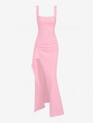 Robe longue de soirée sexy et élégante pour femme, couleur unie, dos nu, froncée, drapée, fendue, col carré, bretelles réglables - Rose clair XS