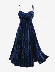 Plus Size Ruched Crisscross Panel Ruffles Buckle Chains Split Velvet Cami Dress -  