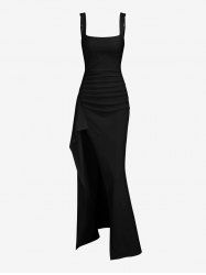 Women's Sexy Elegant Solid Color Backless Ruched Draped Thigh High Split Square Neck Adjustable Shoulder Straps Party Evening Gown Maxi Dress -  