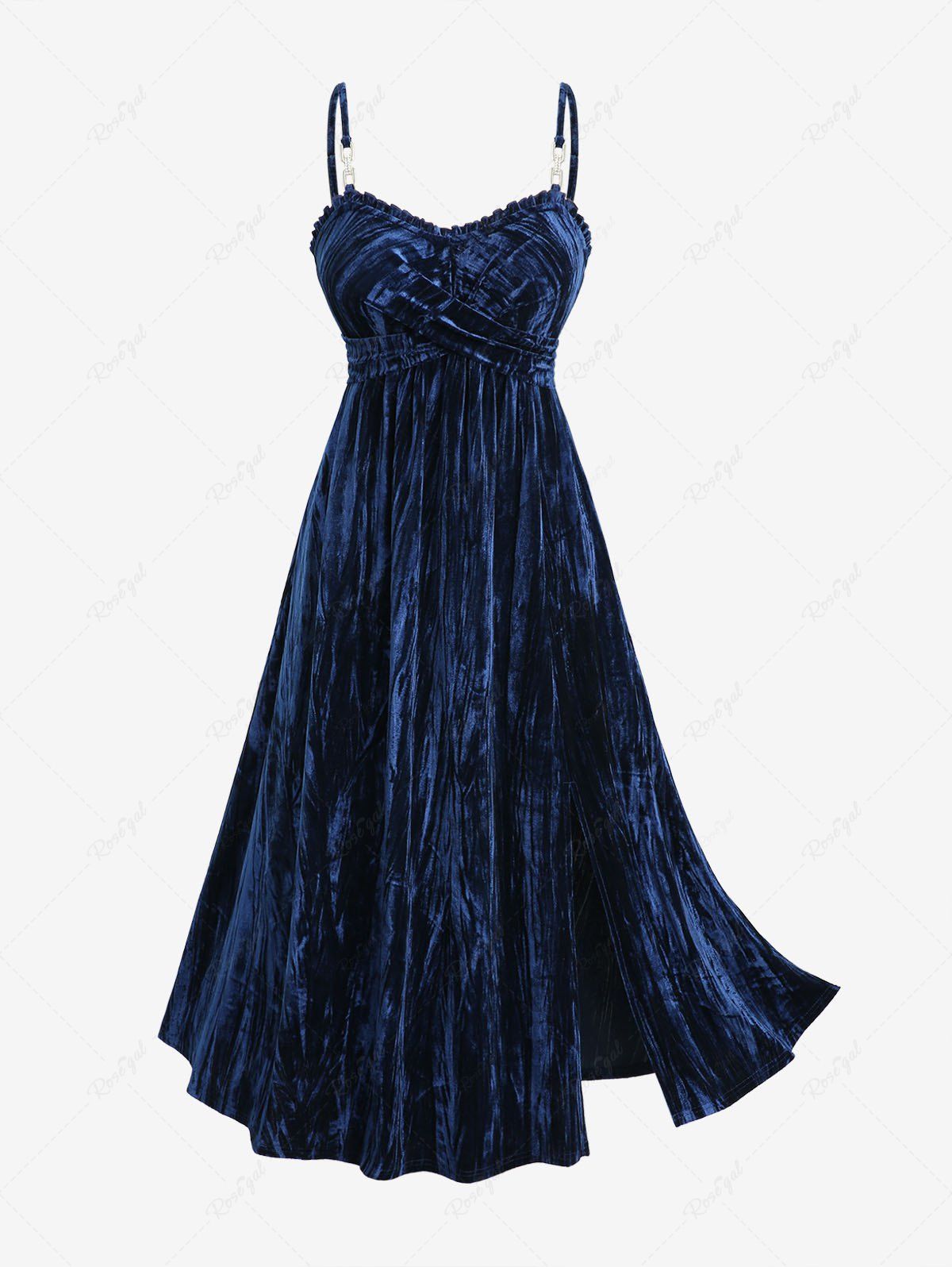 Fancy Plus Size Ruched Crisscross Panel Ruffles Buckle Chains Split Velvet Cami Dress  