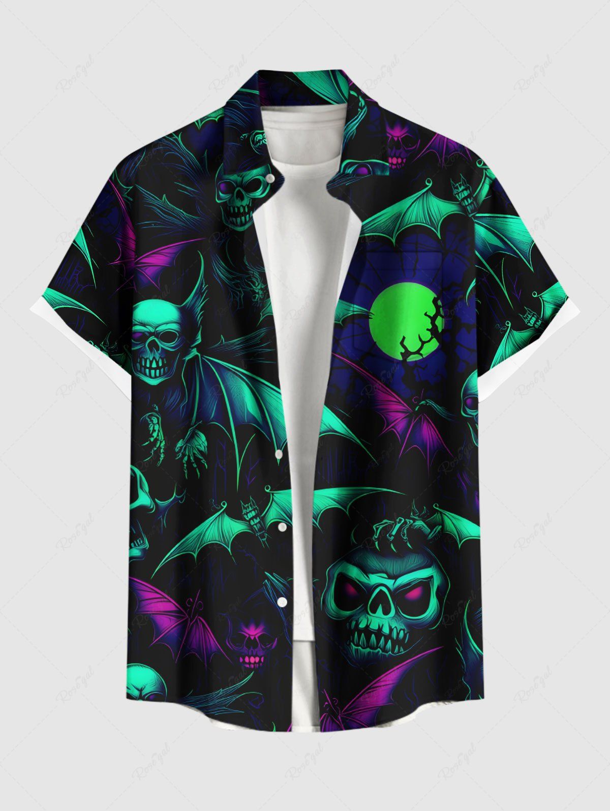 Chemise grande taille à imprimé tête de mort, chauve-souris et lune pour homme, avec poches boutonnées pour Halloween Noir L