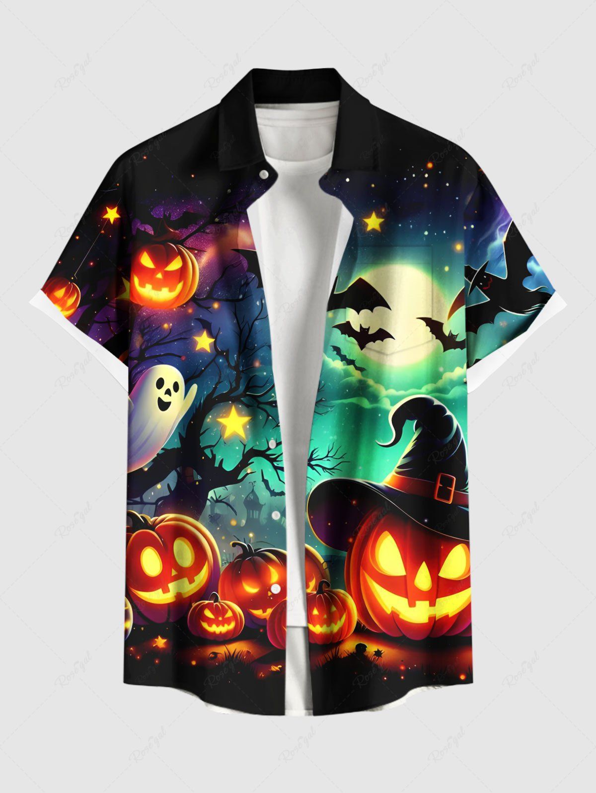 Chemise grande taille à imprimé citrouille, lanterne, arbre fantôme, chauve-souris, lune, galaxie, Halloween, bouton, poche, pour homme Noir 6XL