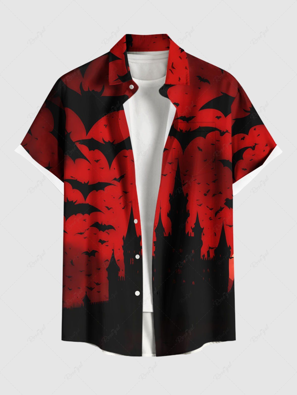Chemise boutonnée Halloween grande taille à imprimé château de chauve-souris ombré pour homme Rouge L