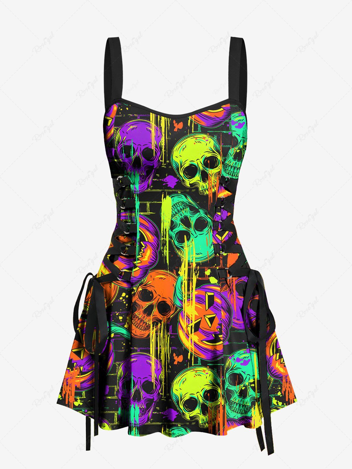 Affordable Colorful Skull Pumpkin Print Halloween Lace Up A Line Tank Dress  