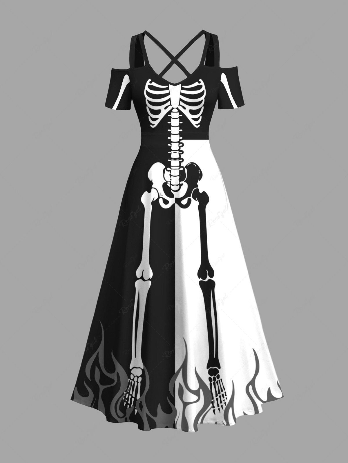 Robe longue trapèze croisée à épaules dénudées et imprimé squelette de feu et de flammes, grande taille, pour Halloween Noir XXS