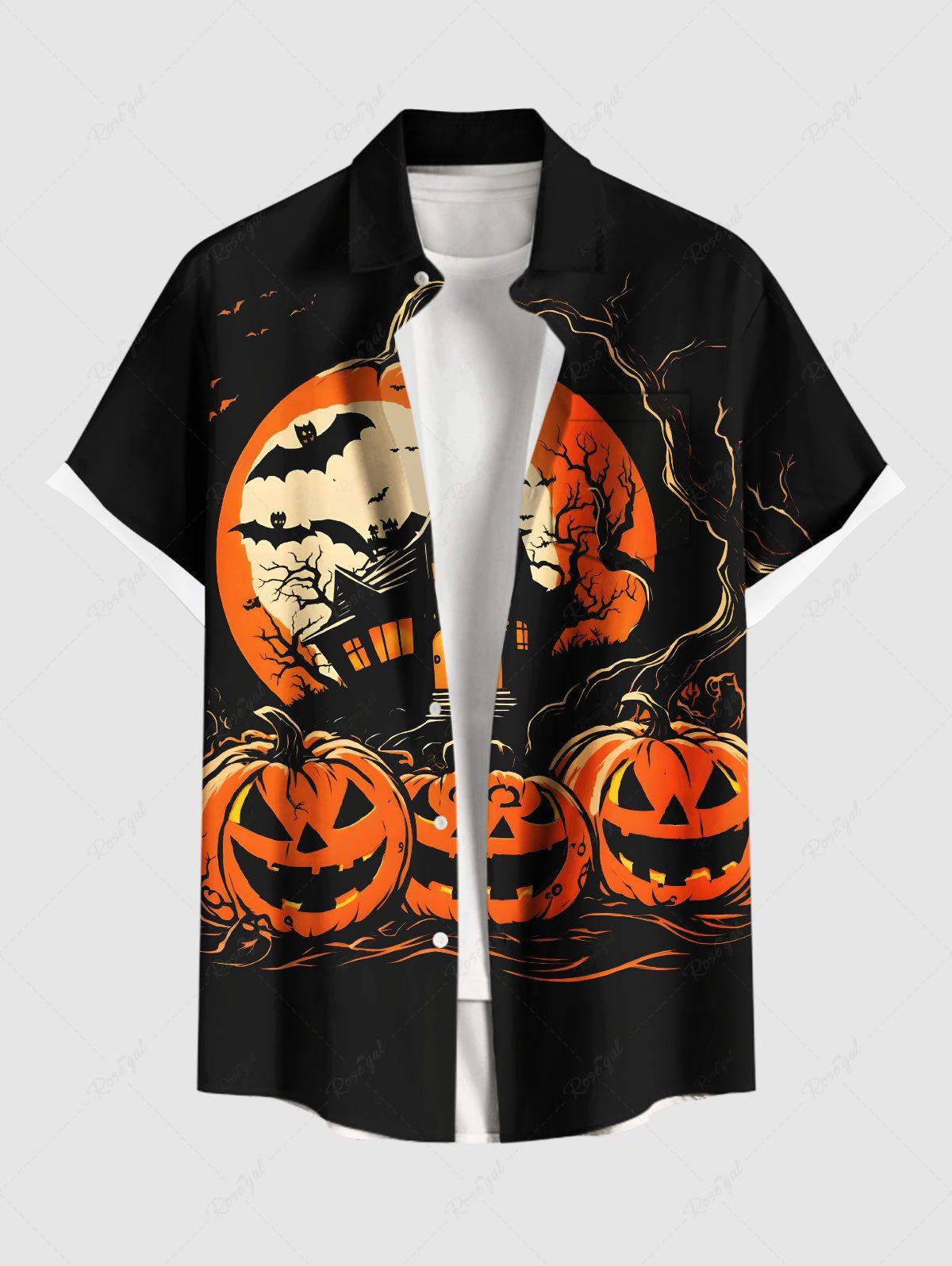 Chemise grande taille à boutons et poches pour homme, motif citrouille, lune, chauve-souris, arbre, Halloween Noir M