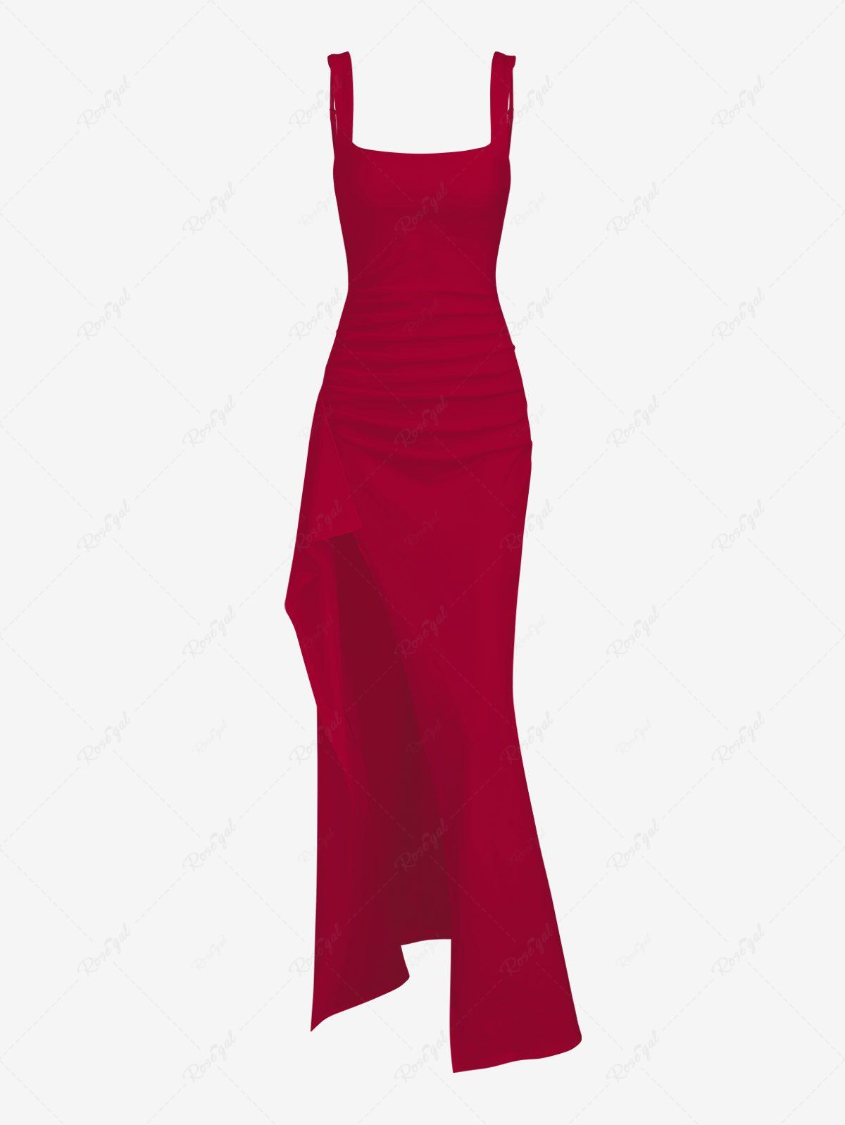 Latest Women's Sexy Elegant Solid Color Backless Ruched Draped Thigh High Split Square Neck Adjustable Shoulder Straps Party Evening Gown Maxi Dress  