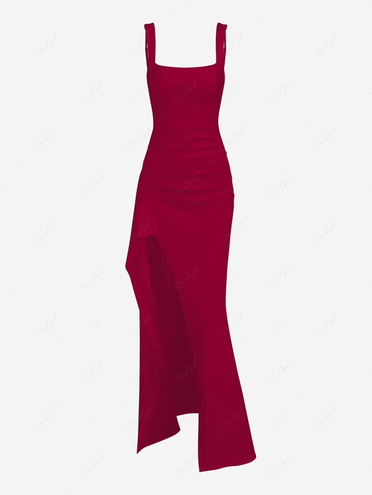 Robe longue de soirée sexy et élégante pour femme, couleur unie, dos nu, froncée, drapée, fendue, col carré, bretelles réglables Rouge Vineux L