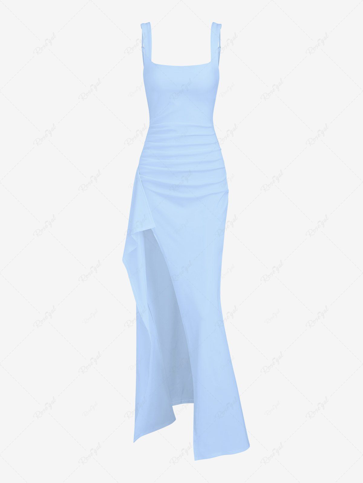 Robe longue de soirée sexy et élégante pour femme, couleur unie, dos nu, froncée, drapée, fendue, col carré, bretelles réglables Bleu S