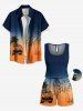 Ensemble chemise et barboteuse hawaïennes assorties, tenue de plage grande taille, imprimé cocotiers, bus, dégradé de couleurs, pour couples - Bleu profond 