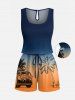 Ensemble chemise et barboteuse hawaïennes assorties, tenue de plage grande taille, imprimé cocotiers, bus, dégradé de couleurs, pour couples - Bleu profond 