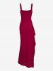 Robe longue de soirée sexy et élégante pour femme, couleur unie, dos nu, froncée, drapée, fendue, col carré, bretelles réglables - Rouge Vineux L