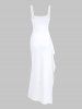 Women's Sexy Elegant Solid Color Backless Ruched Draped Thigh High Split Square Neck Adjustable Shoulder Straps Party Evening Gown Maxi Dress -  