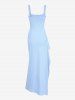 Robe longue de soirée sexy et élégante pour femme, couleur unie, dos nu, froncée, drapée, fendue, col carré, bretelles réglables - Bleu S